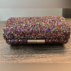 Jimmy Choo Coarse Glitter fabric multicolor clutch evening bag.